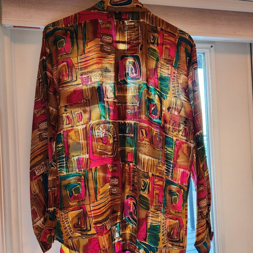 Silk bronze, teal and pink blouse